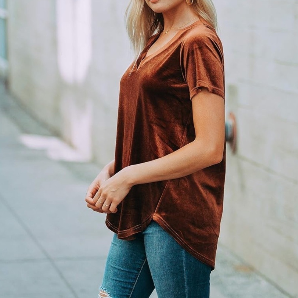 Amaryllis Copper Velvet Short Sleeve Loose Cut Relaxed, size Large